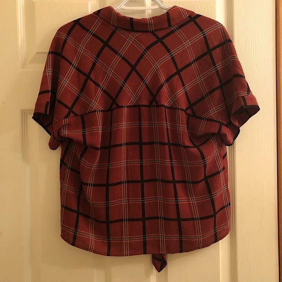 Monteau Burnt Orange Plaid Tie Front Blouse - Picture 2 of 8